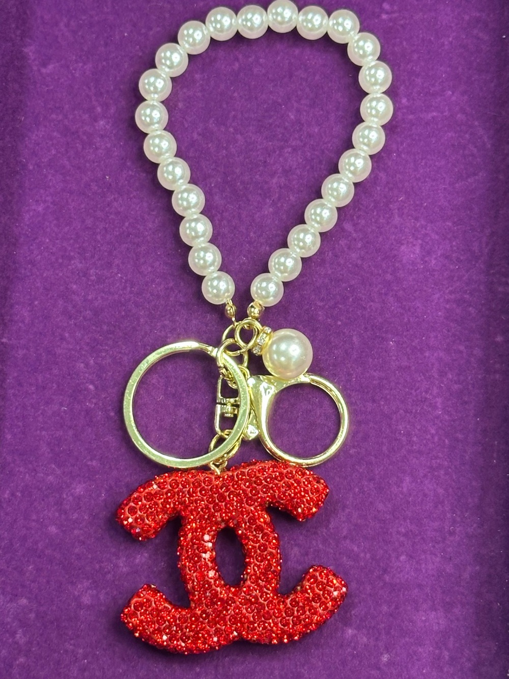 Rhinestone & pearl bag charm keyring